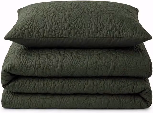 Velosso Quilted Pinsonic Geometric Duvet Cover and Pillowcase Set in Olive, W/D/H: 200 x 220 cm