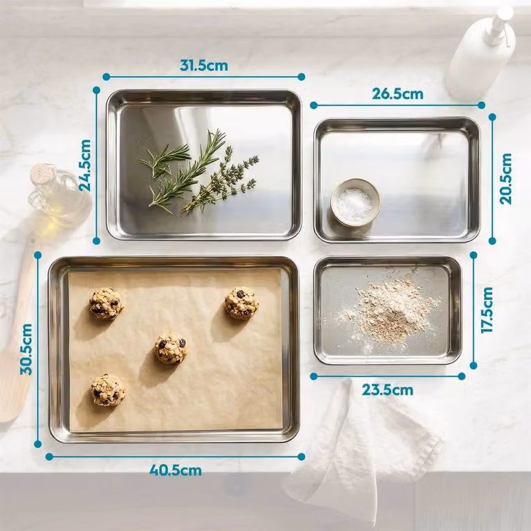 PAWNORA Set of 4 Rectangular Stainless Steel Oven Roasting Bakeware Trays in Silver
