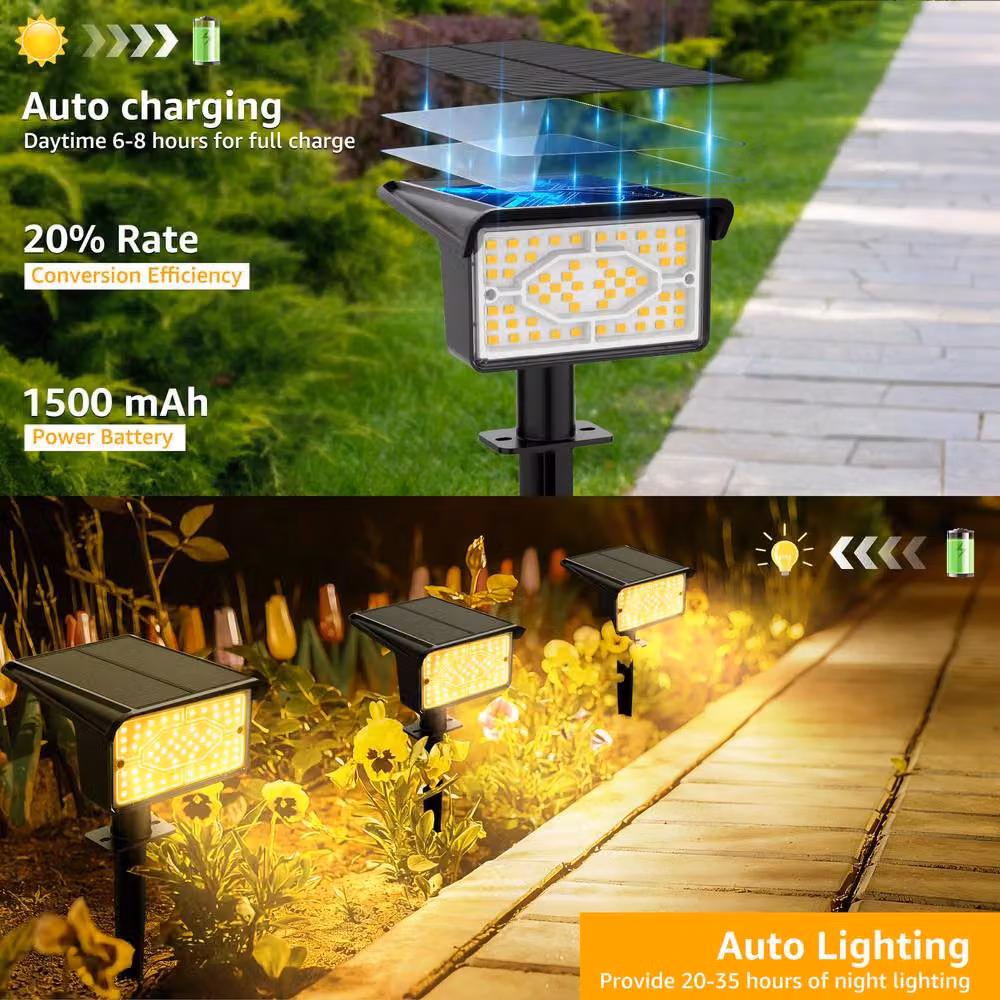 Ollny Solar Garden Stake Lights, 2 Pack, Warm White 3000K, IP65 Waterproof, Adjustable, Black – 4