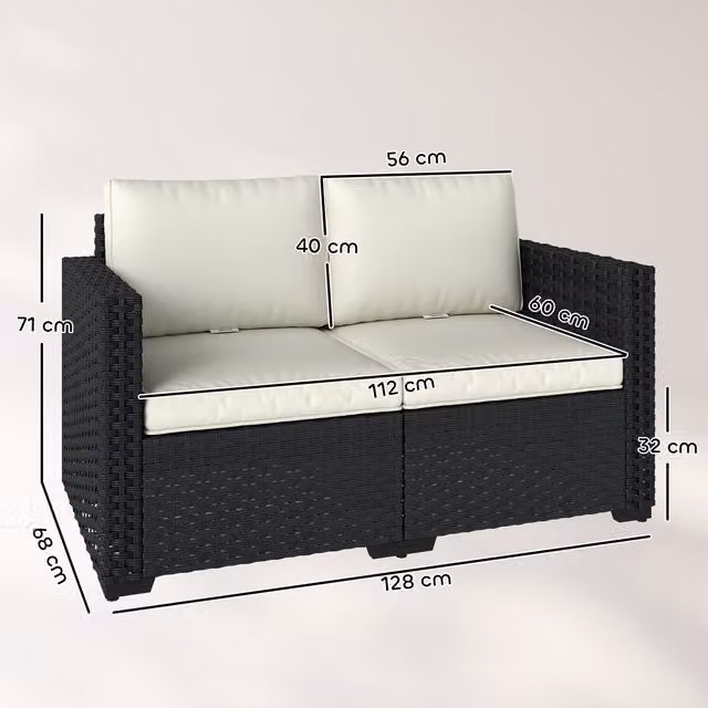 Outsunny 2 Seater Polyrattan Garden Sofa with Upholstered Cushions in Black