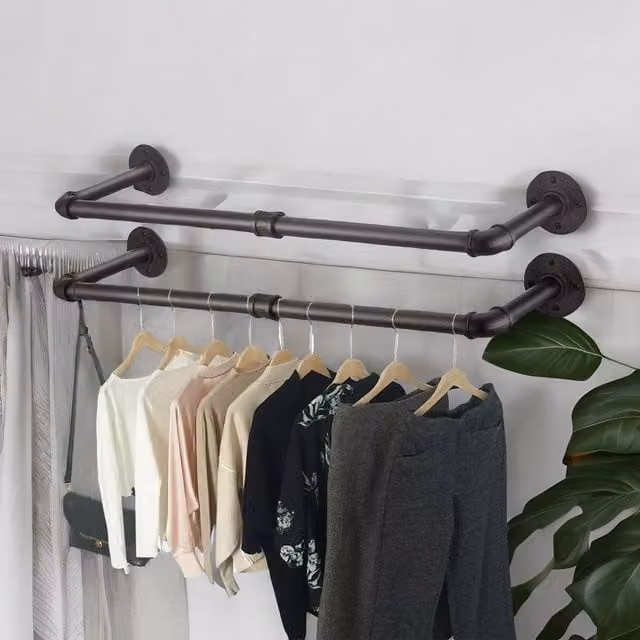 Pirlo Plush Industrial Heavy Duty Metal Pipe Wall-Mounted Hanging Rails, 2-Piece Set, Black – 1