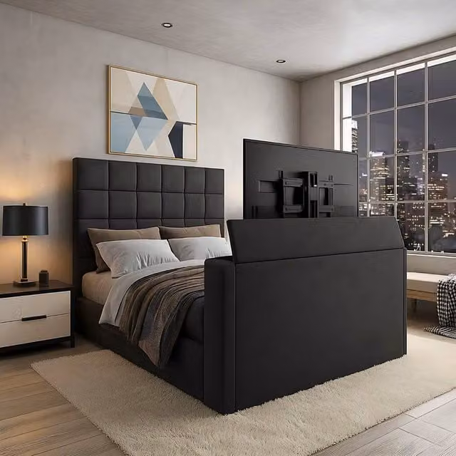 Paradise Beds Ltd Royal Upholstered Dream Sleep TV Bed with Ottoman Lift Storage in Black Velvet, W/D/H: 180 x 200 cm