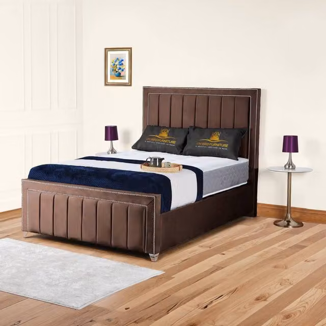 UK Bed Furniture Fiona Brown Velvet Upholstered Slatted Base Bed, W/D/H: 140 x 200 cm