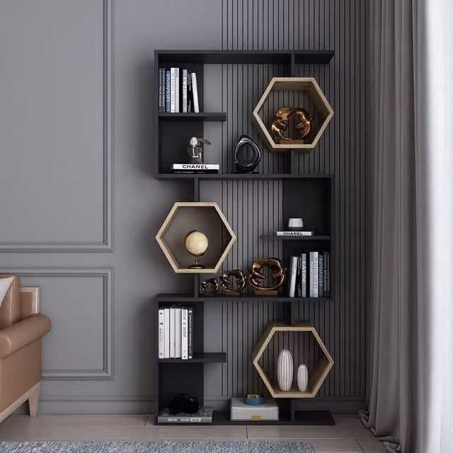 Decorotika Darla 6-Tier Geometric Bookshelf in Black and Oak
