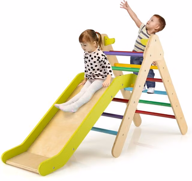 Costway 2-in-1 Triangle Climbing Set in Multicolour and Green Wood