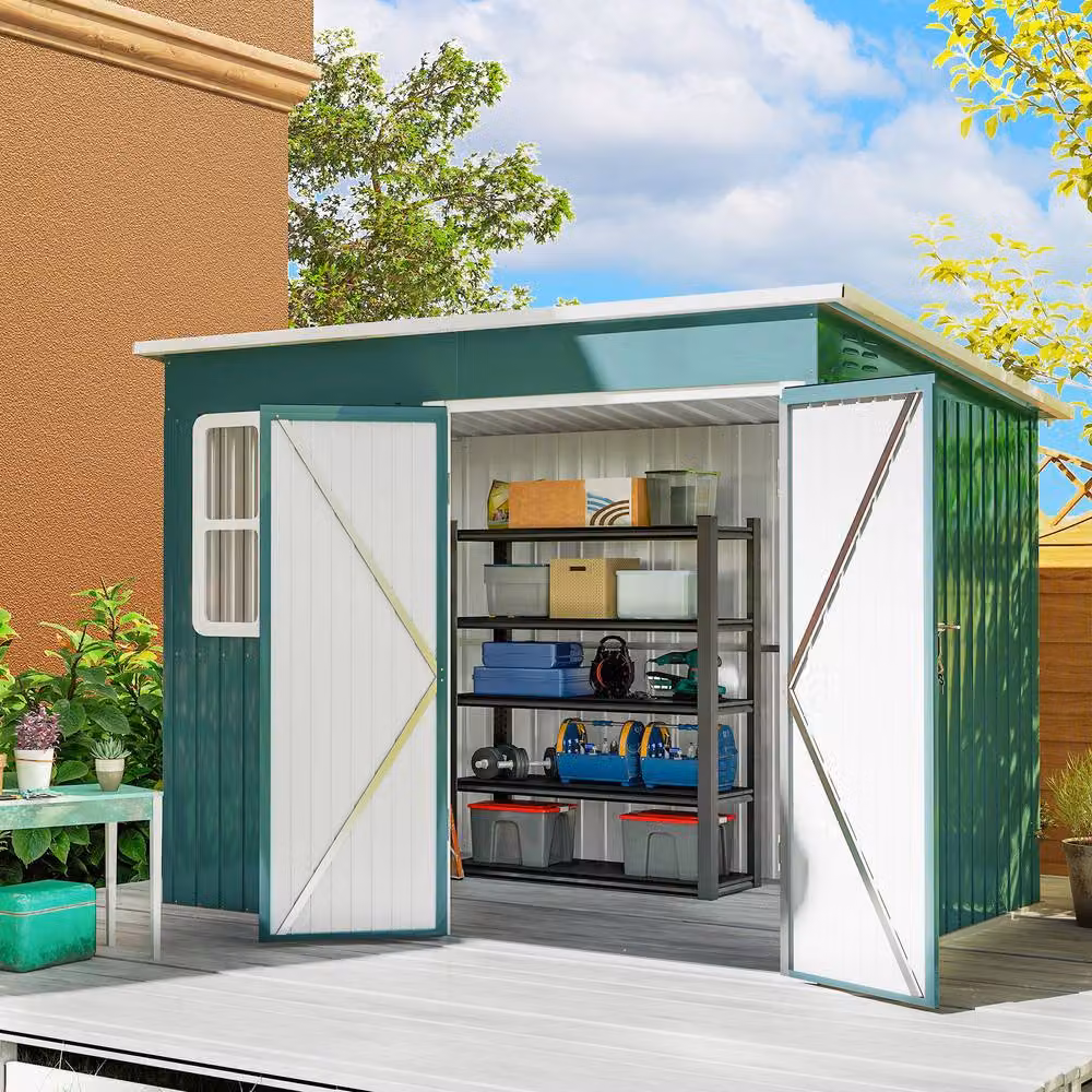 Rolipo Green Galvanised Steel Pent Shed with Foundation Kit and Window – 2