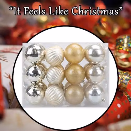 VFM e-Store Set of 24 Round Champagne and Gold Christmas Bauble Hanging Tree Ornaments, 8 cm – 7