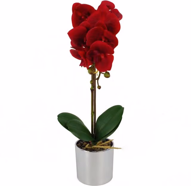 Red and Silver Artificial Potted Orchid with Leaves in a Plastic Decorative Pot