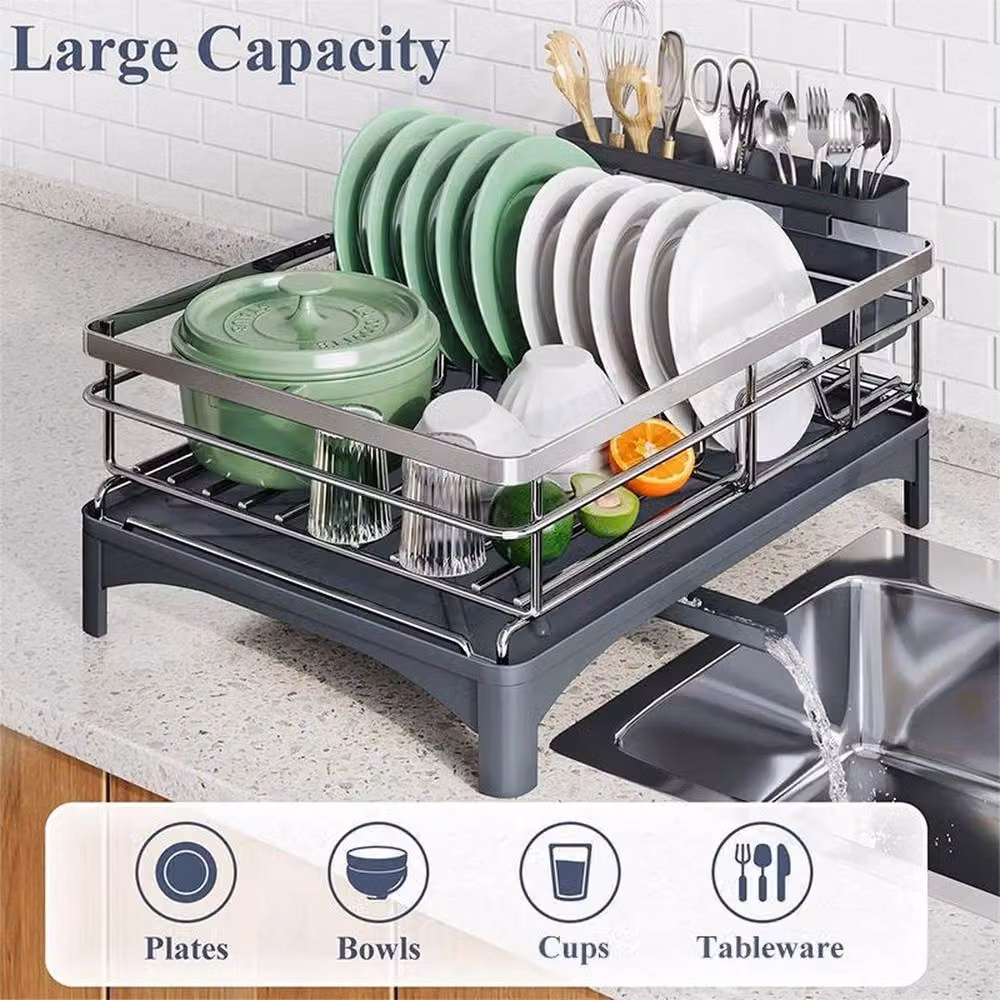 FORGEVIO 1 Tier Stainless Steel and Glass Dish Drainer Rack in Black – 2