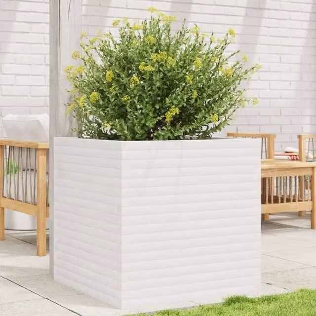 Berkfield Home White Solid Wood Pine Garden Planter Tub W: 70 cm, D: 70 cm, H: 68.5 cm
