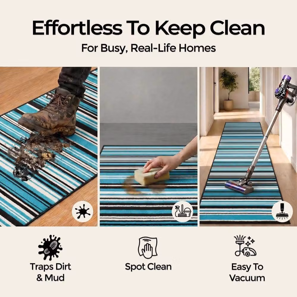 Bravich LTD Two Tone Striped Hallway Runner Rug, Non Slip Low Pile in Petrol Teal, W: 60 cm, L: 720 cm – 6
