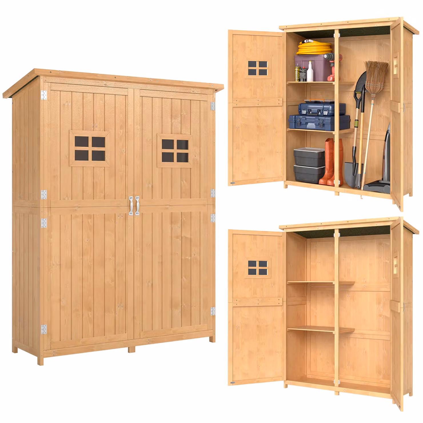 OUTSUNNY Wooden Garden Tool Storage Cabinet with Double Doors and Internal Shelves, Sand/Brown, W/D/H: 119.0 x 44.0 x 164.0 cm – 2