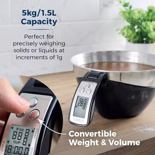 Tower 3-in-1 Digital Jug Scale with 1.5L Stainless Steel Bowl, 5kg Capacity, Black – 6
