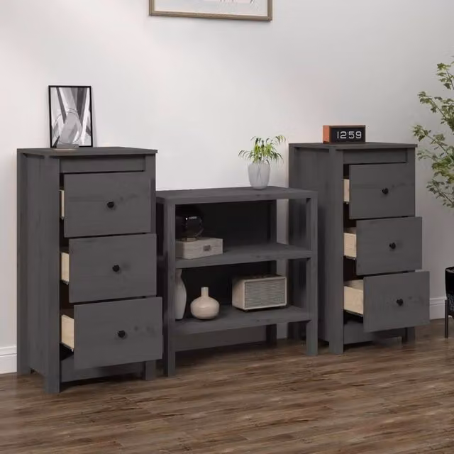 Berkfield Home Set of 2 Grey Solid Wood Pine Sideboards, W/D/H: 40 x 35 x 80 cm