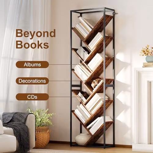 HOMCOM 10 Tier Tree Bookshelf, Industrial Tall Display Bookcase in Brown and Black, H 170 x W 50 x D 24 cm – 4