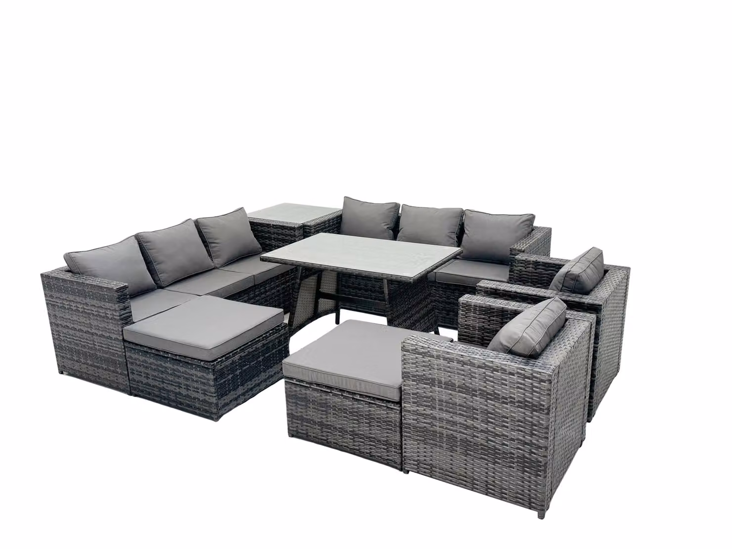 Fimous 10-Seat Rattan Dining Set with Sofa, Side Table and 2 Footstools in Dark Grey – 2