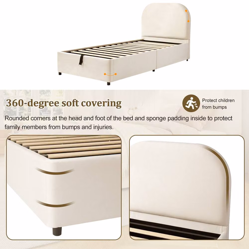 Matteo Velvet Upholstered Single Children's Bed with Hydraulic Storage in Beige – 4