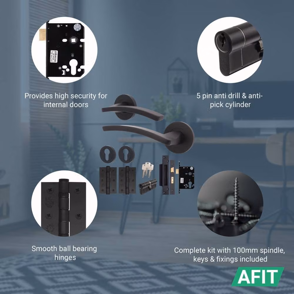 AFIT Matt Black Aluminium Door Handle and Euro Lock Cylinder Set with Hinges, W/D/H: 15.0 x 15.0 x 15.0 cm – 3