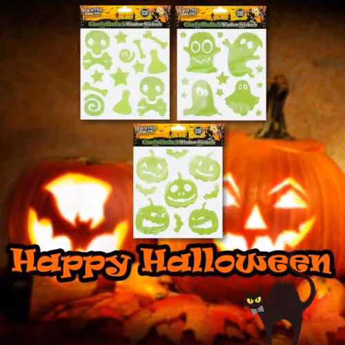 VFM e-Store Halloween Glow in the Dark Gel Stickers, 3 Pack of Ghosts, Bones and Pumpkins in Green – 4