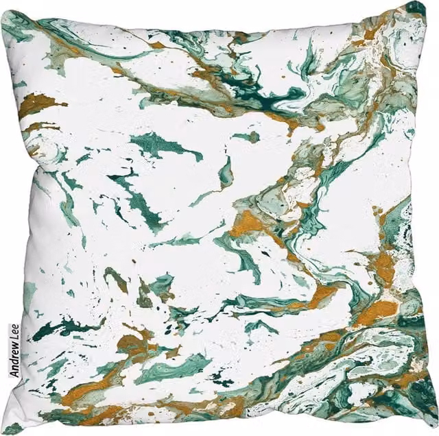 Andrew Lee Green Golden Marble Square Cushion, Green, Gold and White, W/D/H: 60 x 60 x 1 cm