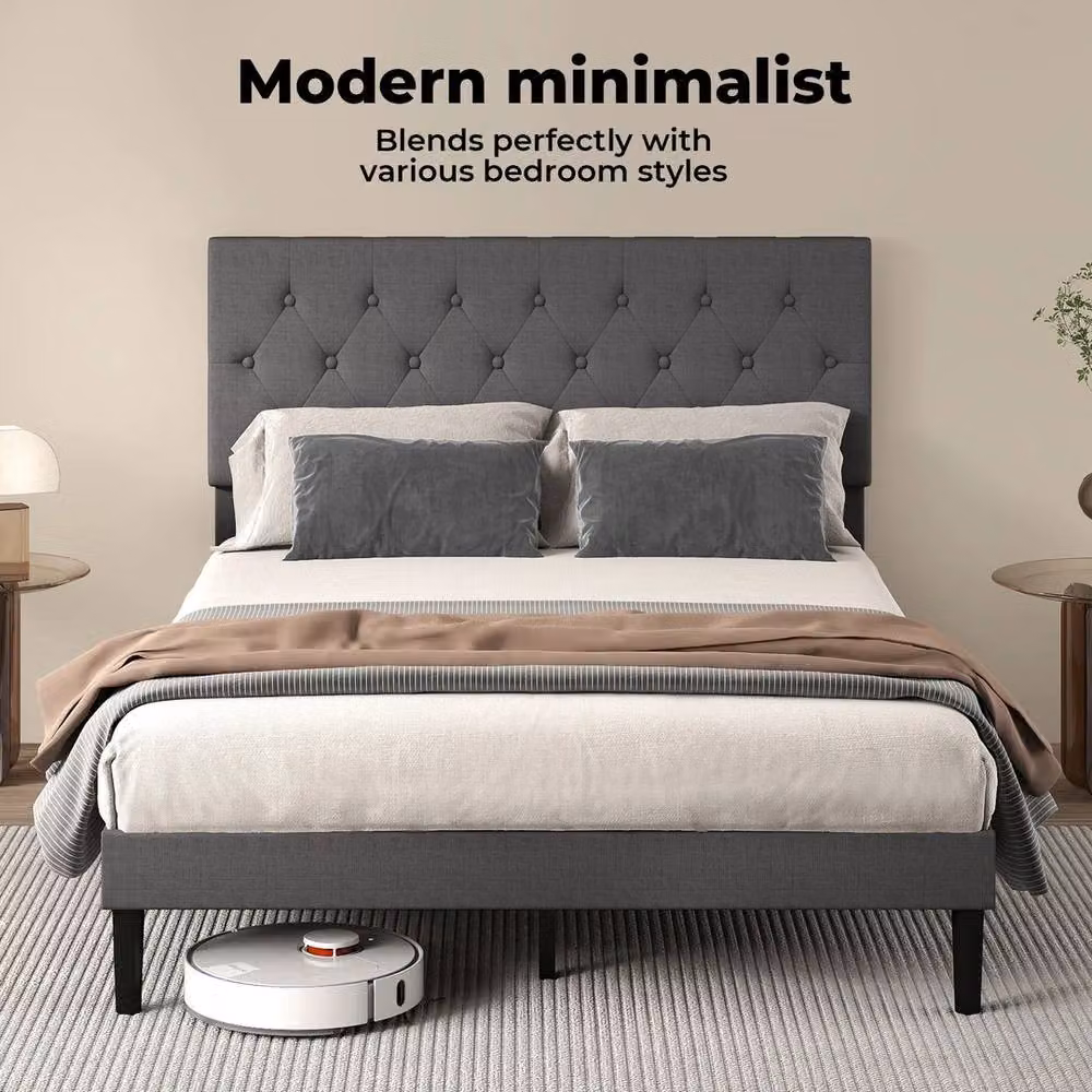 VOGREX Grey Linen Upholstered Double Bed Frame with Foam Headboard, W/D/H: 139 x 140 x 106 cm – 4