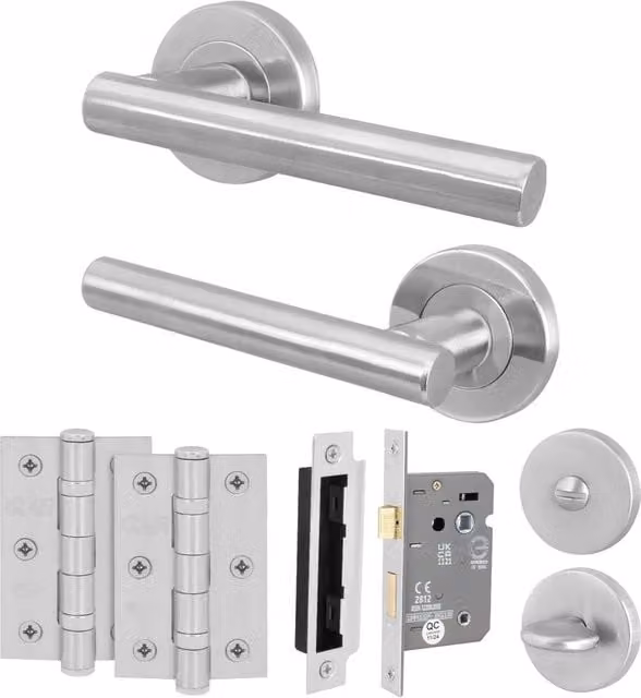 AFIT Satin Silver Bathroom Door Handle with WC Lock and Hinges, T-Bar Design, W/D/H: 15.0 x 15.0 x 15.0 cm – 1
