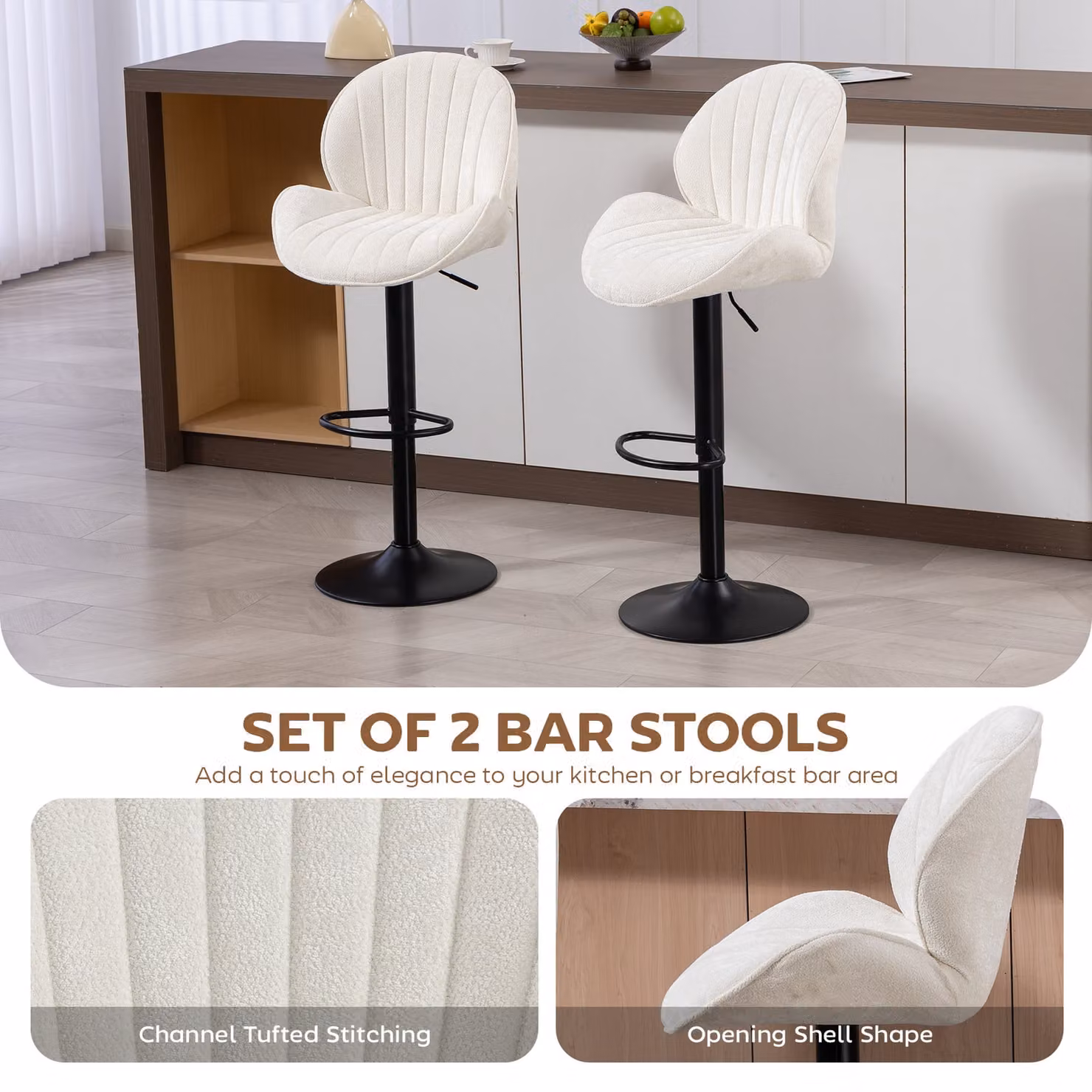 HOMCOM Set of 2 Modern Swivel Bar Stools with Backrest and Footrest, Adjustable Height, Cream/Beige – 3