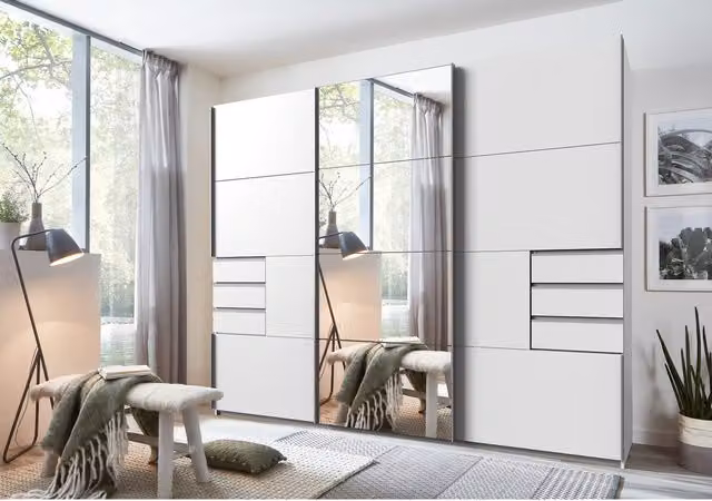 TJS Saigon Modern White Bedroom Wardrobe with Sliding Doors and Mirror, W/H: 270 x 225 cm