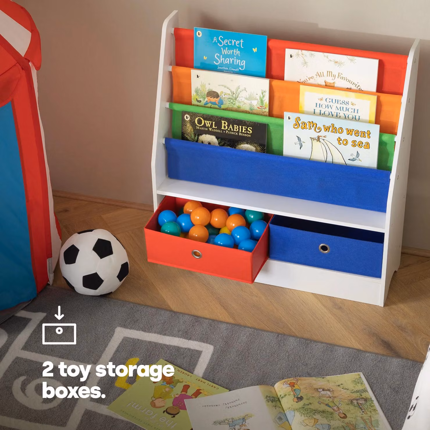 LIVIVO Rainbow Childrens Bookcase and Toy Storage with Sling Shelves, Multicolour, H 74.0 cm x W 71.0 cm x D 23.0 cm – 2