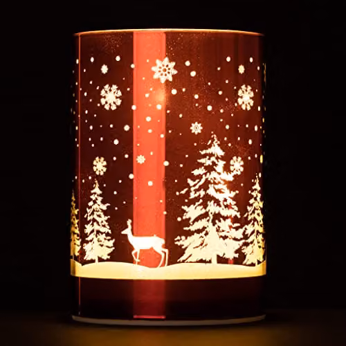 Shatchi Christmas Forest Scene Etched Glass Cylinder Table Lamp, Red, Height: 13 cm – 4