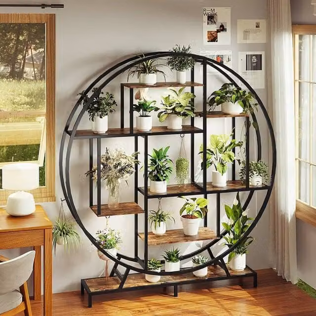 EONLION 7-Tiered Industrial Metal Plant Stand with Grow Light in Brown, W: 120 cm, D: 40 cm, H: 161 cm
