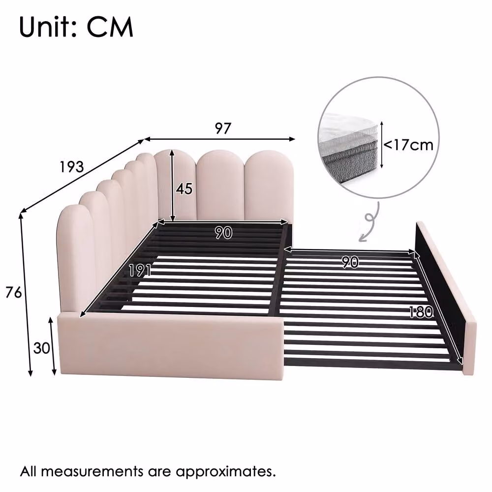 STILVORA Modern Pink Velvet Upholstered 3ft Single Bed Frame with Pull-Out Bed and Drawers W/D/H: 90 x 190 cm – 2