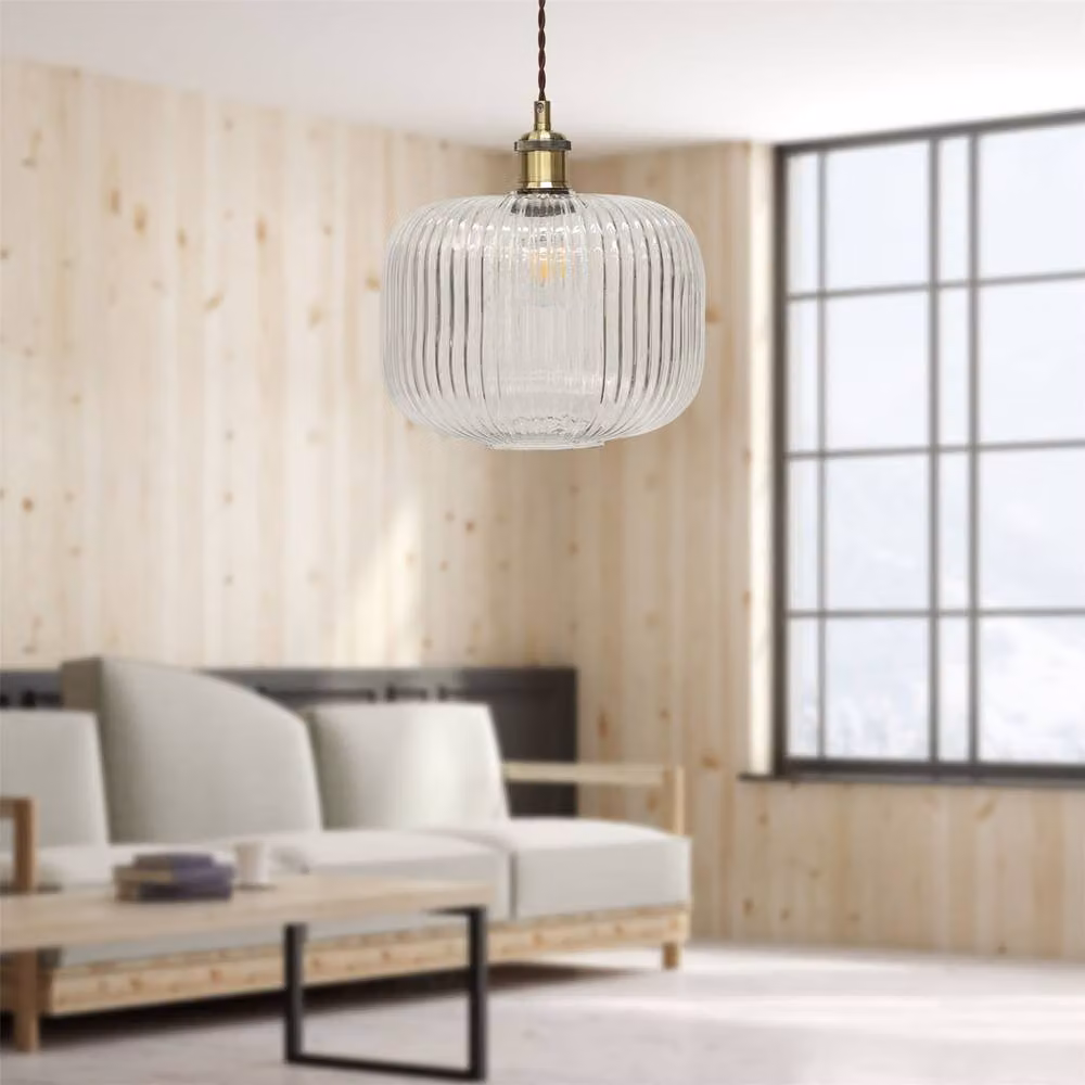 First Choice Lighting Batley Large Retro Pendant Lights, Set of 2, Clear Ribbed Glass and Antique Brass, Height Adjustable – 2
