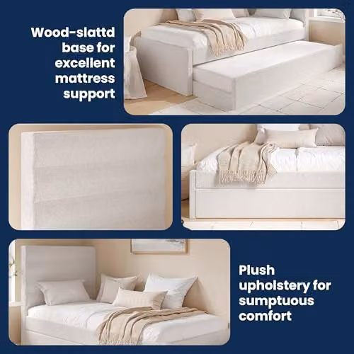 Flair Furnishings Ari Single Bed with Pull Out Trundle in Beige Boucle – 2