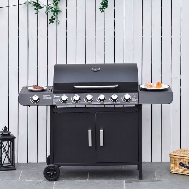 Outsunny Gas BBQ Grill with Wheels and Side Burner in Black