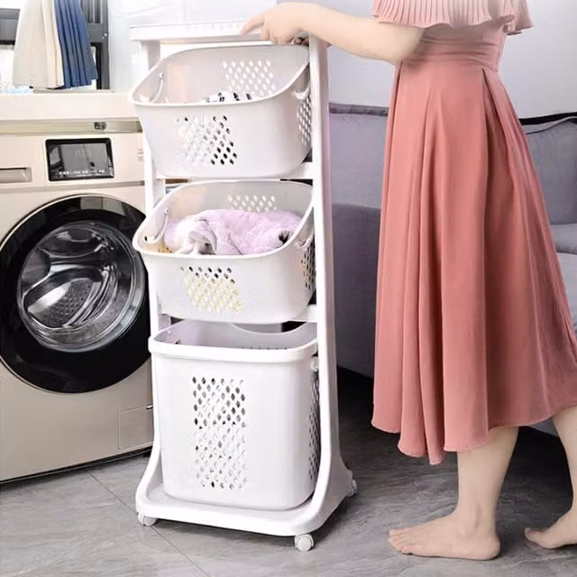 Livingandhome Multifunction Laundry Hamper Storage Trolley with Wheels and Handles, Grey, Height: 110 cm