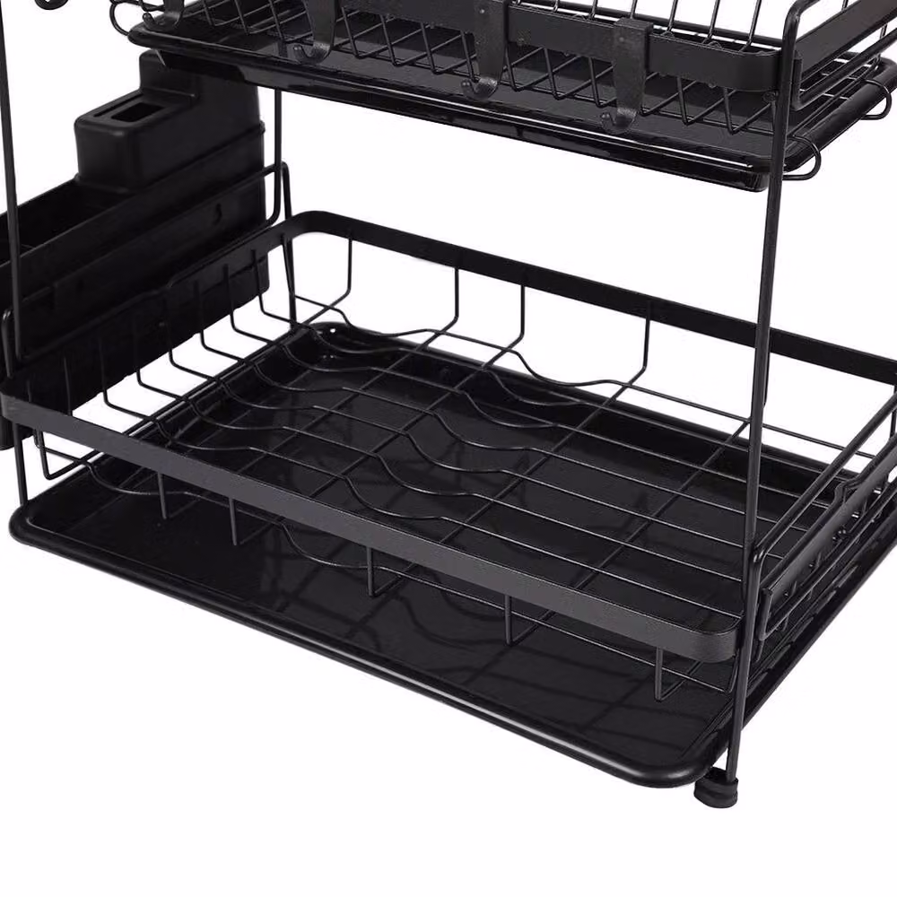 KORVIXA 2 Tier Wire Dish Drainer Rack with Cutlery Holder and Drip Tray, Black, W: 52.0 cm, D: 52.0 cm, H: 36.0 cm – 4