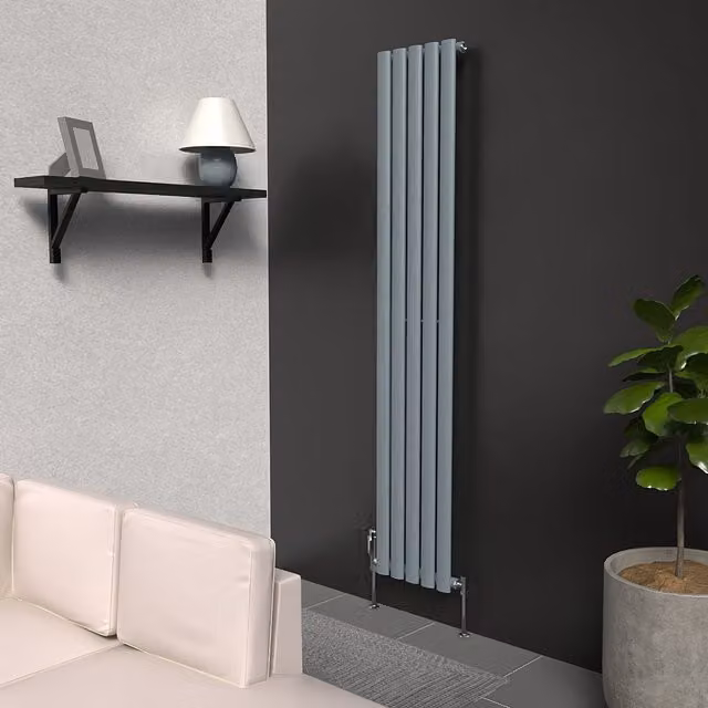 Lux Heat Oval Coloured Vertical Radiator in Pebble Grey, H: 160 cm, W: 30 cm