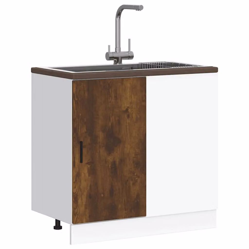 Berkfield Home Freestanding Modern Kitchen Sink Unit in Smoked Oak Brown Engineered Wood – 2