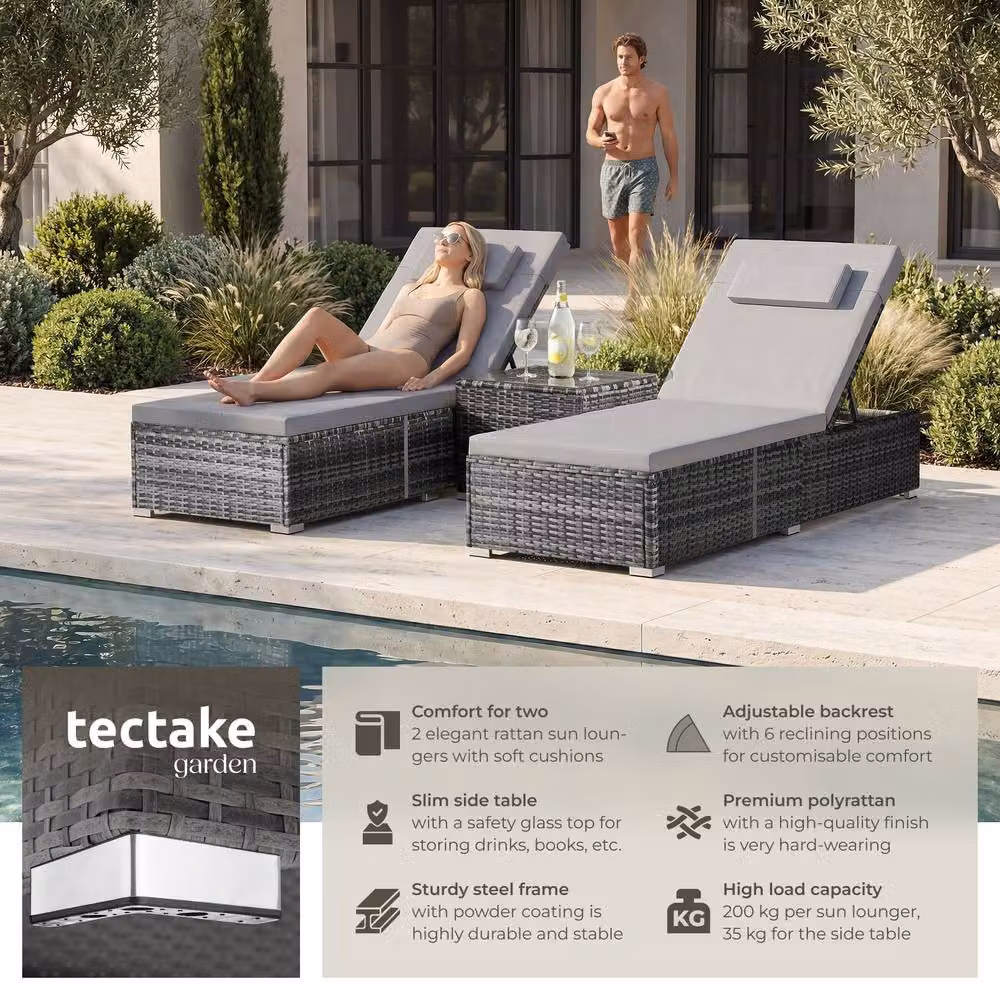 tectake Carbonera Rattan Double Lounge Chair with Table and Adjustable Headrest in Grey – 2