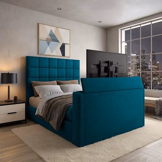 Paradise Beds Ltd Royal Upholstered Dream Sleep TV Bed with Ottoman Lift Storage in Petrol Blue Velvet, W/D/H: 90 x 200 cm