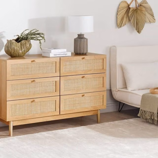 Wyld and Coco Boho 6-Drawer Chest with Rattan Front, Light Brown, W: 120 cm, D: 42 cm, H: 76 cm
