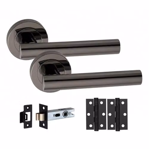Golden Grace T-Bar Handle and Rosette Set in Matt Black Brass with Hinges and Latch
