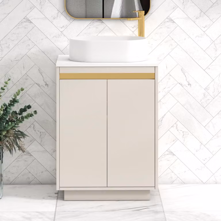 Royal Bathrooms Orion 600mm Warm Taupe Floor Standing 2 Door Vanity Unit with Peak Basin and Brushed Brass Accent Trim
