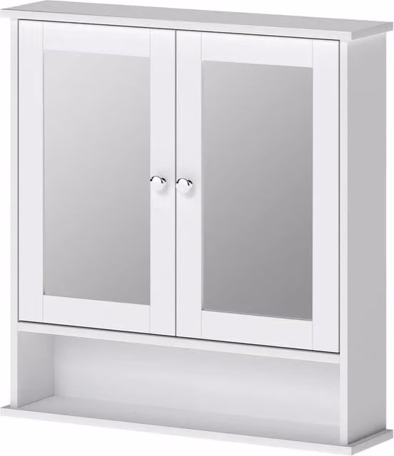FORGEVIO Modern White Wall-Mounted Bathroom Mirror Cabinet with Glass Hinged Doors and Internal Shelves