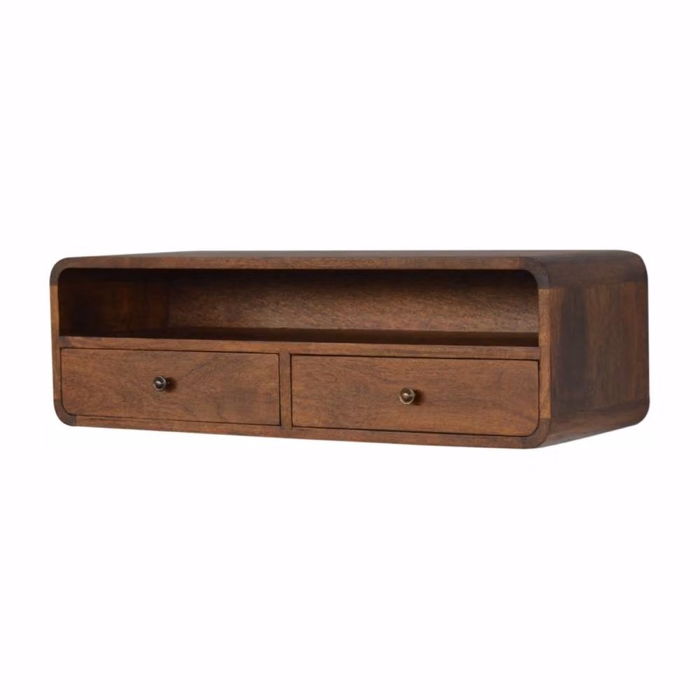 STILVORA Mid-Century Wall-Mounted Mango Wood Bedside Table with 2 Drawers and Shelf in Brown – 2
