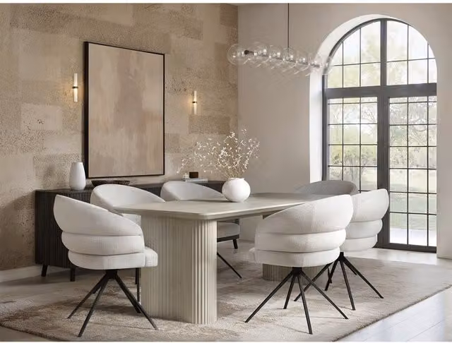 Solace+Co Zoya Rectangular Sintered Stone Dining Table and 6 Eira Upholstered Chairs Set in Beige, White and Brown