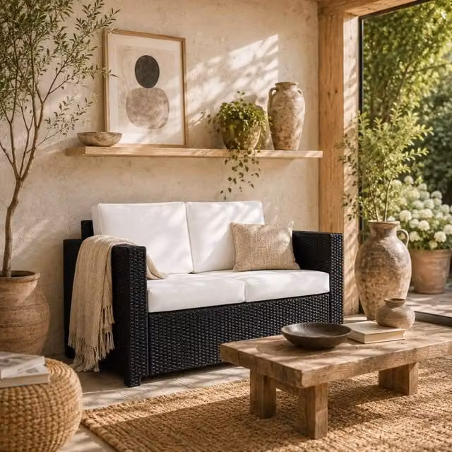 Wyld Haus Toha 2 Seater Rattan and Steel Outdoor Sofa in Black with Beige Cushions