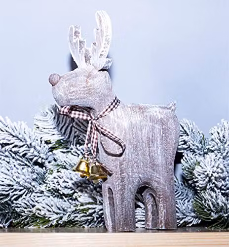 St Helens Home & Garden Wooden Reindeer Christmas Decoration with Brown Checked Collar and Bells in a Rustic Finish – 4