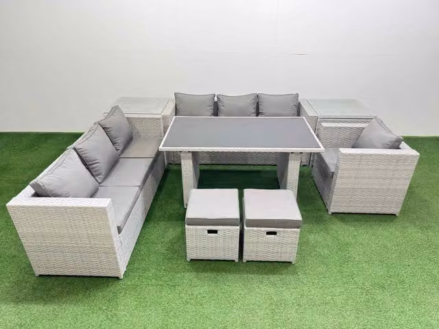 Fimous Light Grey Polyrattan Patio Garden Furniture Set with 2 Side Tables and 2 Small Stools